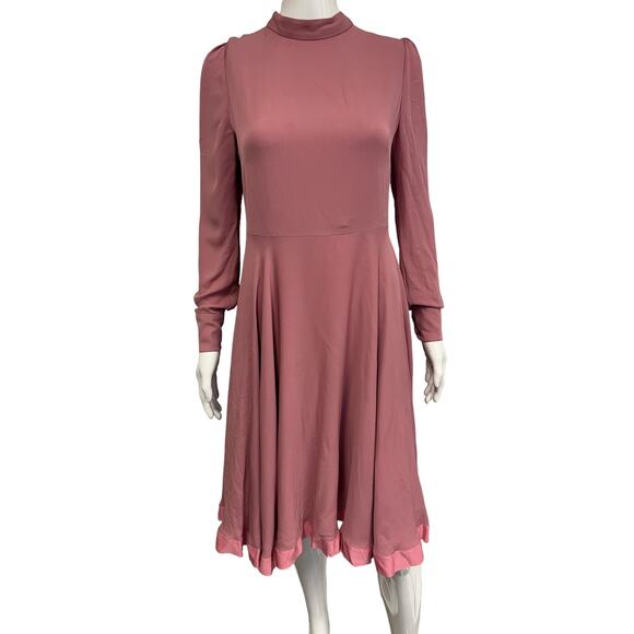 VALENTINO Pink Mock Neck Long Sleeve A-Line Midi Dress 2 EU 38